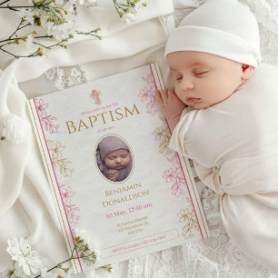 Roze Goud Bloemen Custom Foto Doop Kaart