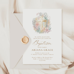 Roze Goud Bloemen Elegante Waterverf Kruisdoop Kaart