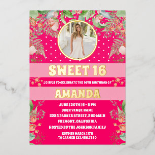 Roze Goud Bloemen Sweet 16 Party Foto Folie Uitnodiging
