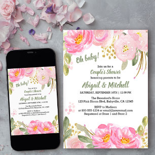 Roze Goud Bloemen Waterverf Koppels Baby shower Kaart