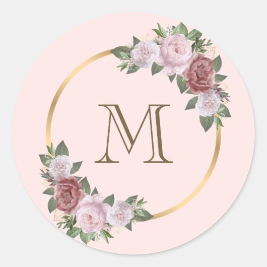 Roze goud bloemig monogram initiaal ronde sticker (Voorkant)