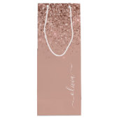 Roze Goud Blozende Roze Glitter Schrift Monogram M Wijn Cadeautas (Achterkant)