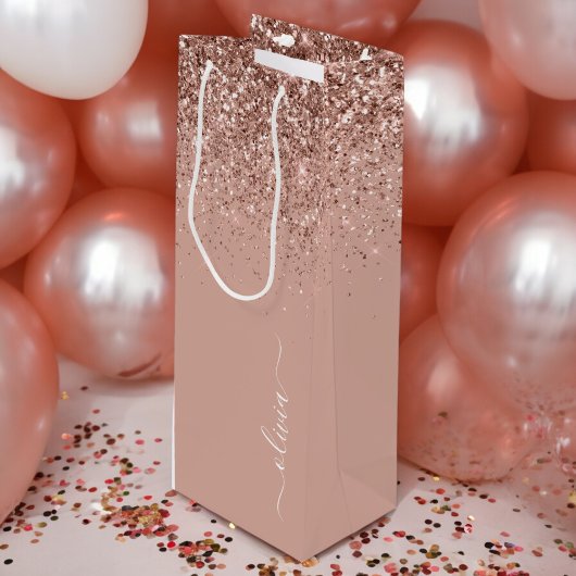 Roze Goud Blozende Roze Glitter Schrift Monogram M Wijn Cadeautas
