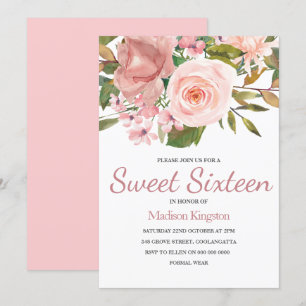 Roze Goud & Blush Bloemen Sweet 16 Uitnodiging