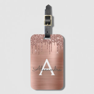 Roze Goud - Blush Roze Glitter Metaal Monogram Naa Bagagelabel