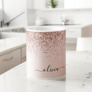 Roze Goud - Blush Roze Glitter Metaal Monogram Naa Extra Grote Beker