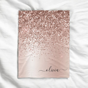 Roze Goud - Blush Roze Glitter Metaal Monogram Naa Fleece Deken