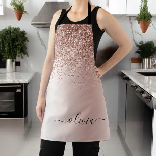Roze Goud - Blush Roze Glitter Metaal Monogram Naa Schort
