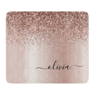Roze Goud - Blush Roze Glitter Metaal Monogram Naa Snijplank