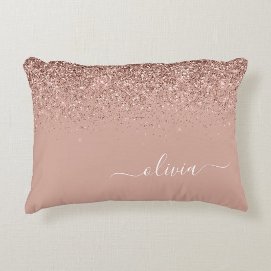 Roze Goud Blush Roze Glitter Script Monogram Meisj Accent Kussen (Voorkant)