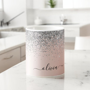 Roze Goud - Blush Roze Glitter Zilver Monogram Koffiemok