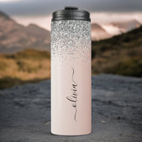 Roze Goud - Blush Roze Glitter Zilver Monogram