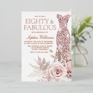 Roze Goud, Blush Roze Jurk 80ste Verjaardagsfeest Folie Uitnodiging