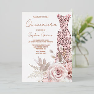 Roze Goud, Blush Roze Jurk Quinceanera Echt Folie Uitnodiging