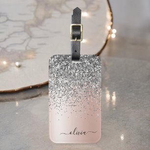 Roze Goud - Blush Roze Zilver Glitter Monogram Bagagelabel