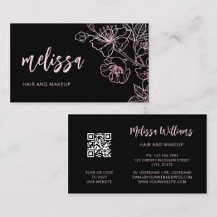 Roze Goud Blush Roze Zwart Bloem QR Code Zakelij Visitekaartje