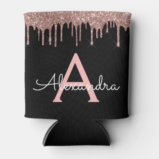 Roze Goud - Blush Roze Zwart Glitter Monogram Naam Blikjeskoeler (Voorkant)
