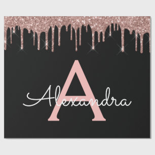 Roze Goud - Blush Roze Zwart Glitter Monogram Naam Cadeaupapier