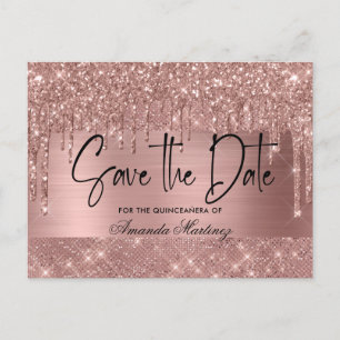 Roze Goud Chic Quinceañera Bewaar de Datum Briefkaart