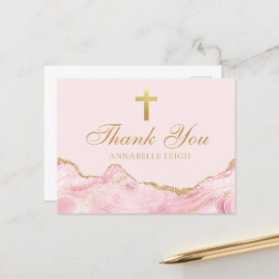 Roze Goud Christelijk Kruis Gepersonaliseerd Dank  Briefkaart