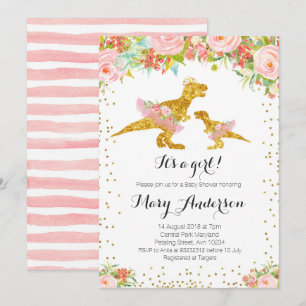Roze Goud Dino Meisje Baby shower Invite Kaart