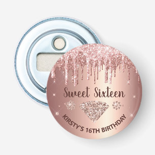 Roze Goud Druppelende Glitter & Diamant Sweet 16 Button Flesopener
