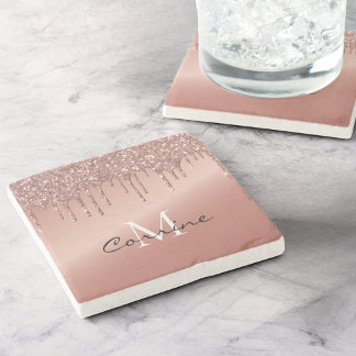 Roze Goud Druppelende Glitter Monogram Naam Metaal Stenen Onderzetter