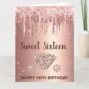 Roze Goud Druppelende Glitters & Diamant Sweet 16 Kaart