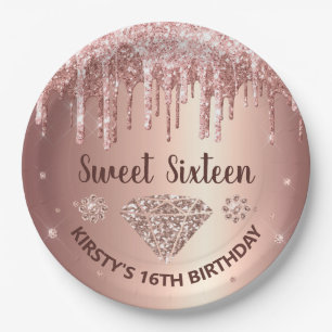 Roze Goud Druppelende Glitters & Diamant Sweet 16 Papieren Bordje