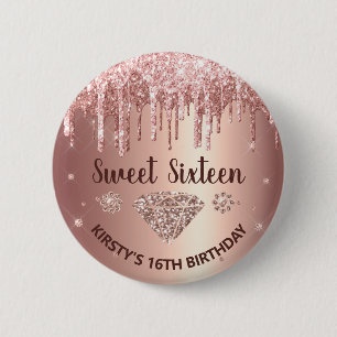 Roze Goud Druppelende Glitters & Diamant Sweet 16 Ronde Button 5,7 Cm