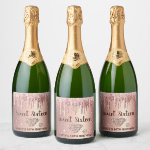 Roze Goud Druppelende Glitters & Diamant Sweet 16 Sparkling Wijnetiket
