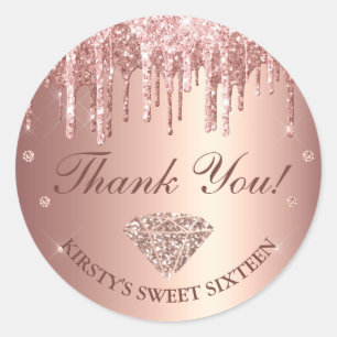 Roze Goud Druppelende Glitters & Diamanten Sweet 1 Ronde Sticker