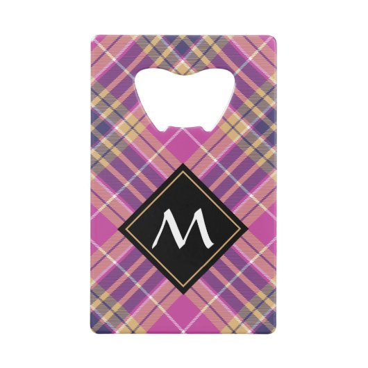 Roze, goud en blauwe tartan kredietkaart flessenopener (Voorkant)