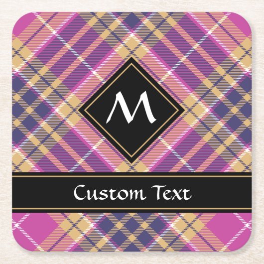 Roze, goud en blauwe tartan vierkante kartonnen onderzetter (Voorkant)