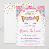 Roze goud en blauwgroen kat meisje baby shower kaart (Voorkant / Achterkant)