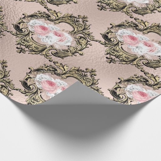 Roze Goud en Blush Antieke Franse Roos patroon Cadeaupapier (Hoek)