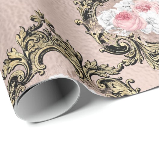 Roze Goud en Blush Antieke Franse Roos patroon Cadeaupapier (Rol Hoek)