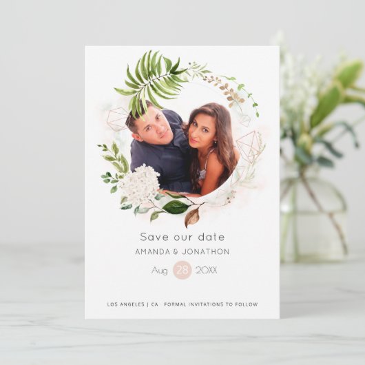 Roze Goud en Blush Geometrische Groene Huwelijksde Save The Date (Staand voorkant)