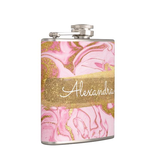 Roze, goud en marmer met goudfolie en glitter heupfles (Rechts)