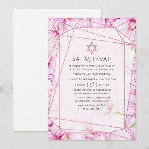 Roze Goud en Roze Magnolia Geometrische Bat Mitzva Kaart