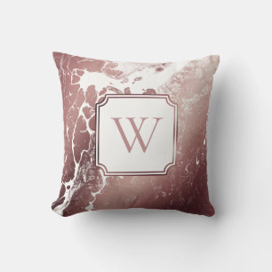 Roze goud en wit marmerpatroon met monogram kussen