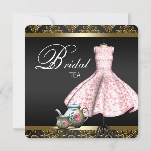Roze Goud en Zwart Damask Bruids Tea Party Kaart (Voorkant)