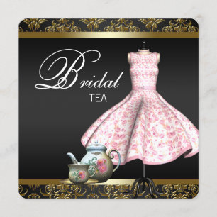 Roze Goud en Zwart Damask Bruids Tea Party Kaart