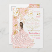 Roze goud Floral Quincanera Sla de datum op Aankondigingskaart (Voorkant / Achterkant)