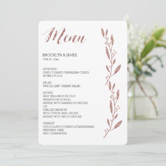 Roze Goud Folie Effect Trouwmenu Bloem Menu (Staand voorkant)