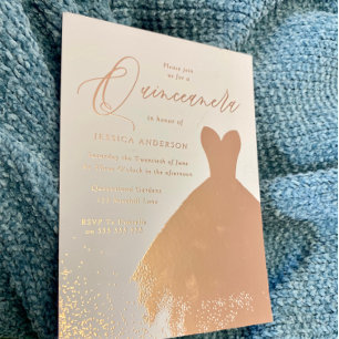 Roze Goud Folie Jurk Elegante Quinceanera Feest Uitnodiging