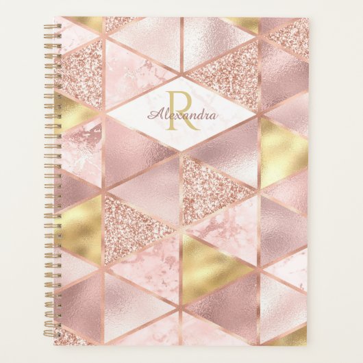 Roze Goud Folie Marmer Glam Geometrisch Monogram Planner (Voorkant)