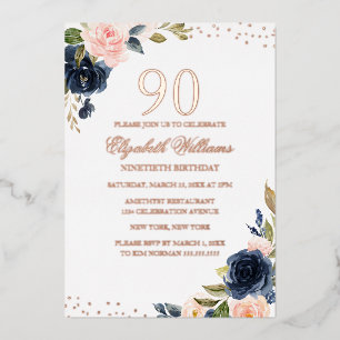 ROZE GOUD FOLIE Navy Blush Bloem 90ste Verjaardag Uitnodiging