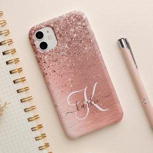 Roze Goud Geborsteld Metaal Glitter Monogram Naam iPhone 15 Hoesje