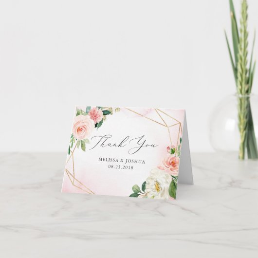 Roze & Goud Geometrische Bloemen Dank u kaart (Voorkant)